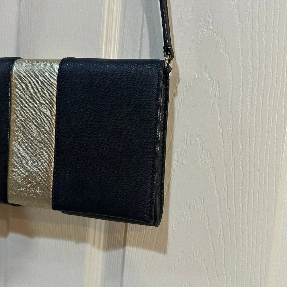 Kate Spade New York Saffiano Leather Crossbody Bag Navy Blue Gold Stripe